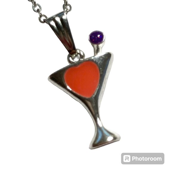 Martini Cocktail Drink Cup Glass Charm Necklace Pendant Pink Enamel 18" Chain - Picture 7 of 9
